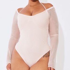Mesh Sleeve Halterneck Long Sleeve Thong Bodysuit